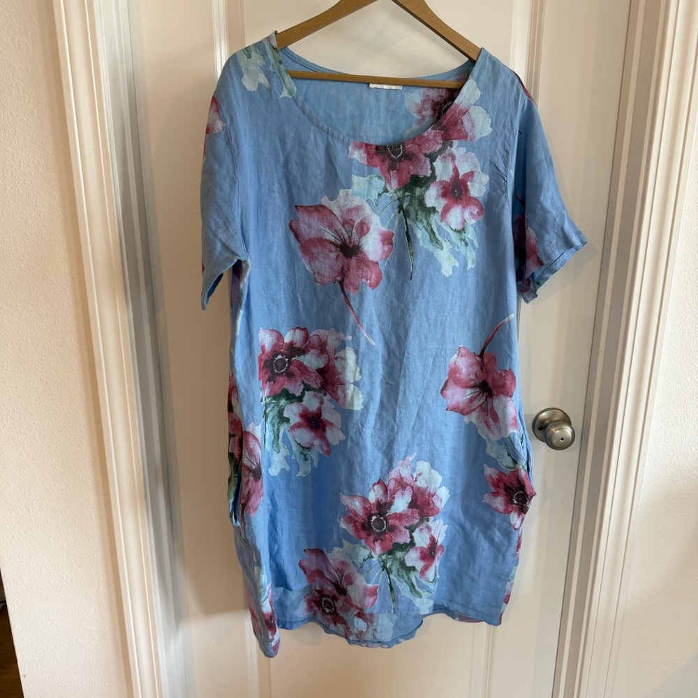 Made in Italy Linen Dress sz Large Blue Floral Lagenlook Spring Summer Beach